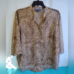 Susan Graver Leopard Button Front 3/4 Sleeve Blouse Tunic Chiffon 2X